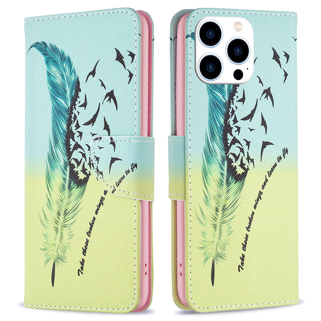 PU Leather Pattern Printing Wallet Case for iPhone 15 Pro , Stand Anti-drop Phone Cover - Feather and Birds PU Leather Pattern Printing Wallet Case for iPhone 15 Pro , Stand Anti-drop Phone Cover - Feather and Birds